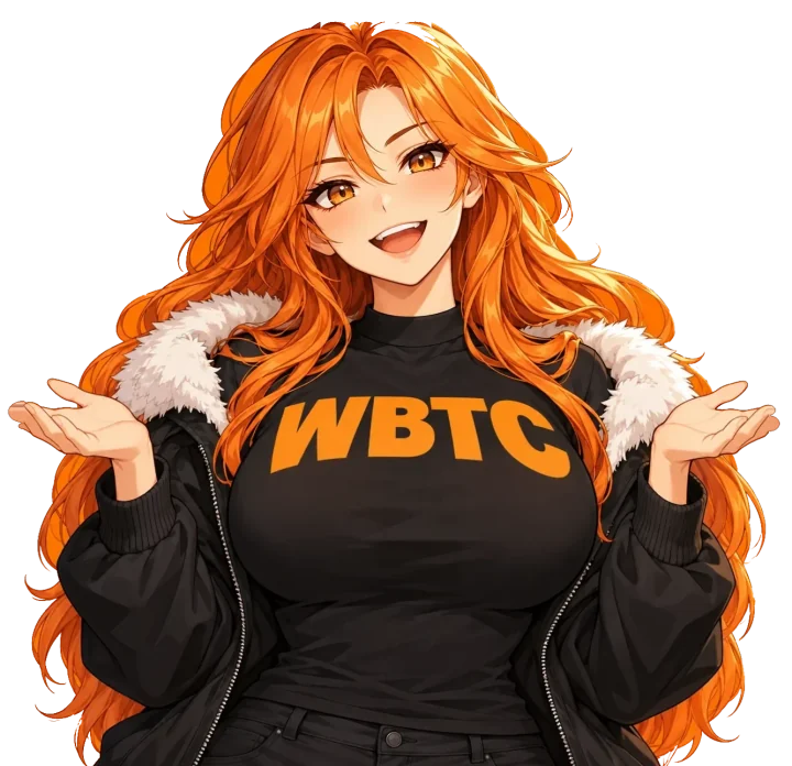 WBTC’s orange-haired adult anime mascot, smiling and shrugging in a black WBTC shirt and fur-trimmed jacket